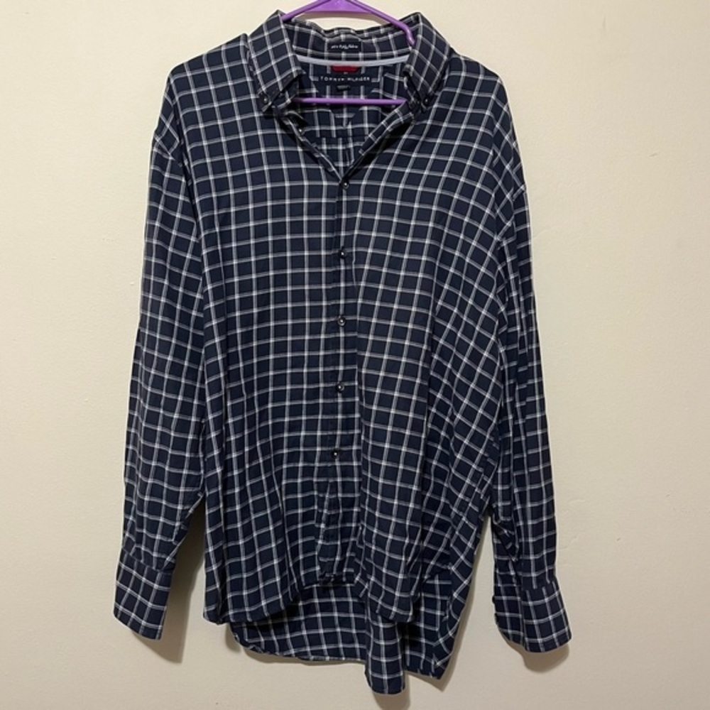 tommy hilfiger | 80s 2 ply blue check pattern casual button down | large